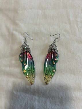 Handcrafted Multicolor Wing Dangle Earrings - Silver Accents